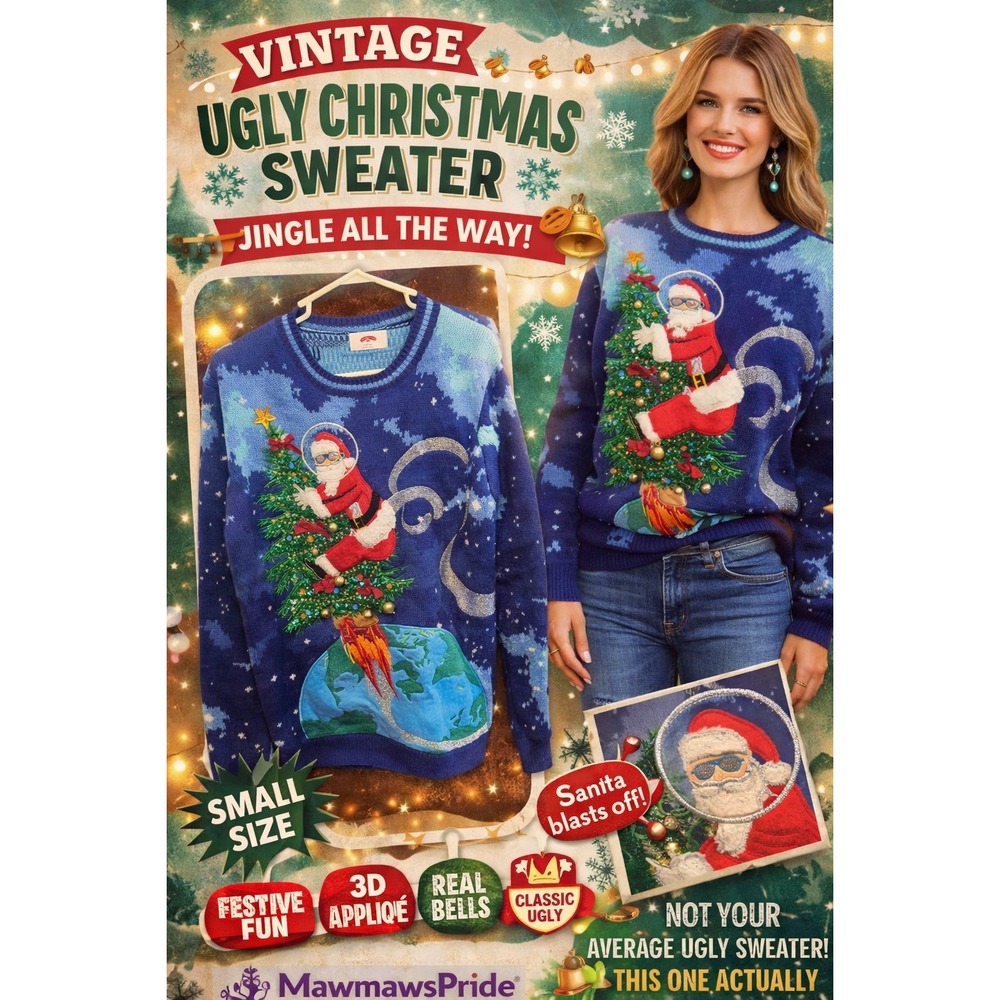 Vintage Style Ugly Christmas Sweater Santa Rocket 3D‎ Bells Jingle Holiday Small